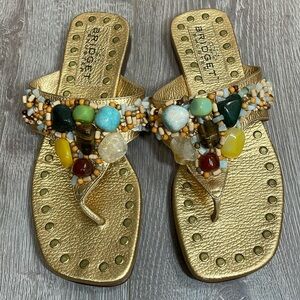 Bridget Shuster Gold Leather Thong Slip On Sandals Beaded Natural Stones 6.5